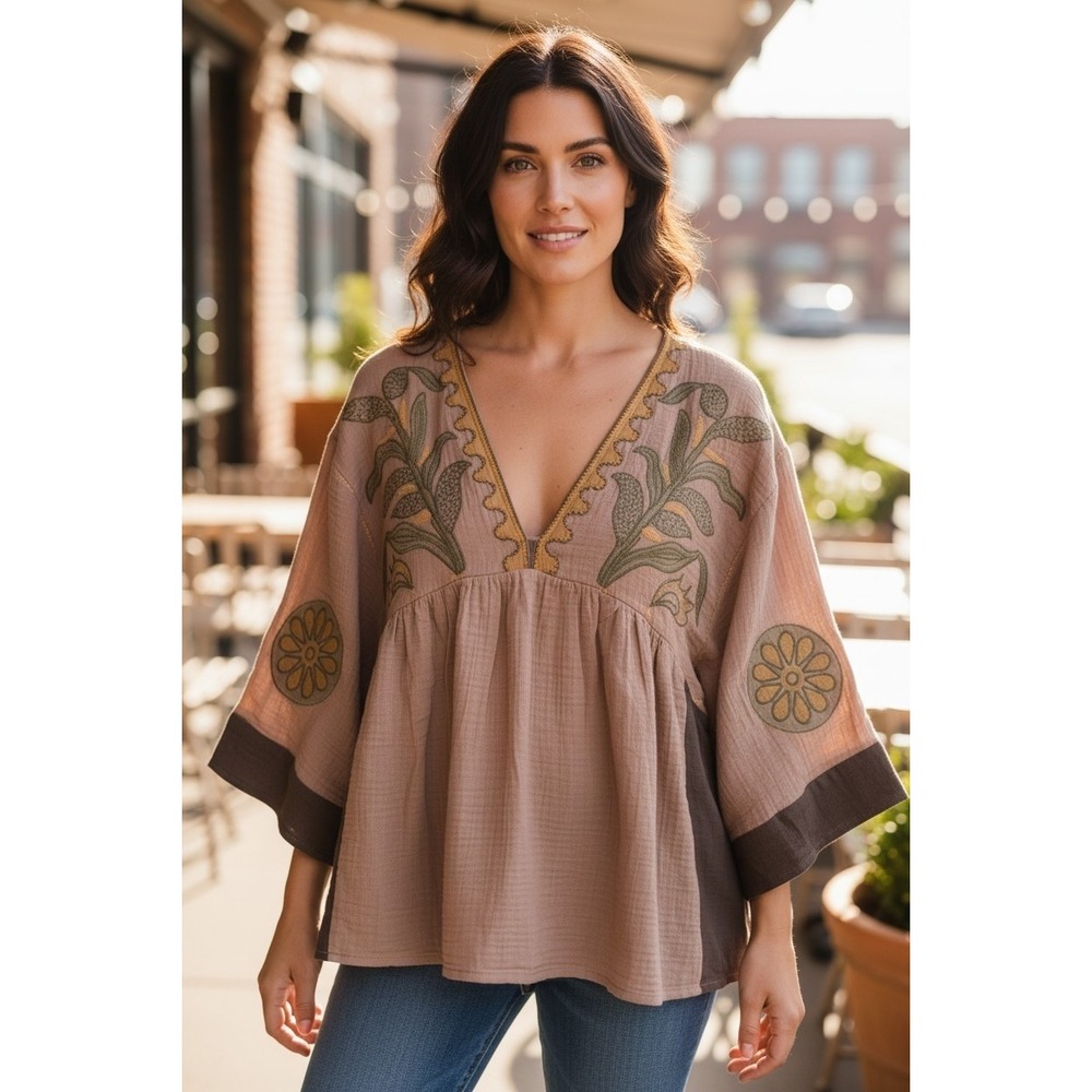 Veveret VT72159 Embroidered Cotton Gauze Boho Blouse Khaki Small